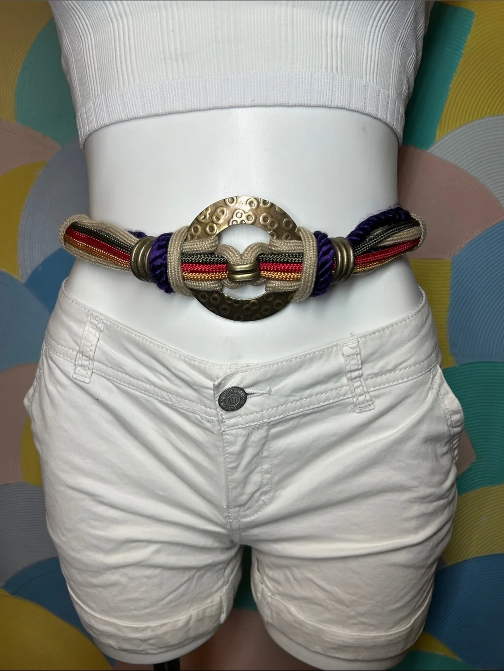 Vintage 1980s Multicolored Braided Rope Waist Belt with Antique Gold Ring